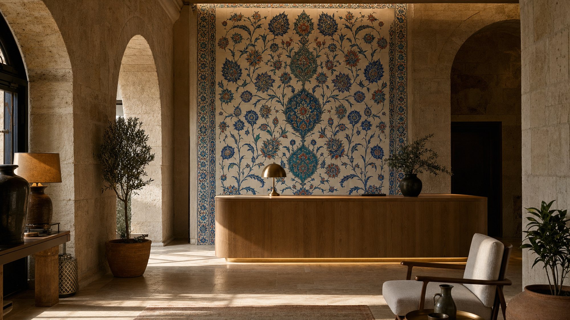 Hand-painted İznik ceramic panel behind a boutique hotel reception